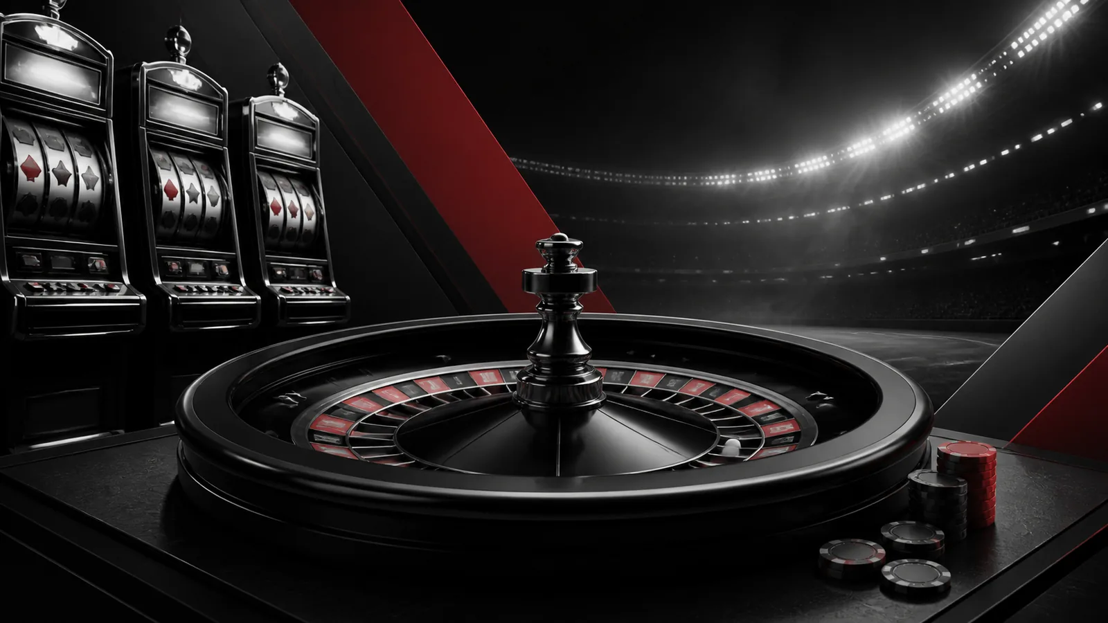 Ambiente editorial de cassino online com roleta, slots e clima esportivo.