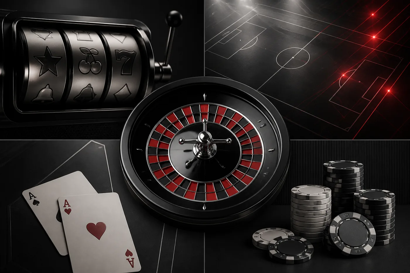 Composição de slots, roleta, cartas e contexto de apostas esportivas.