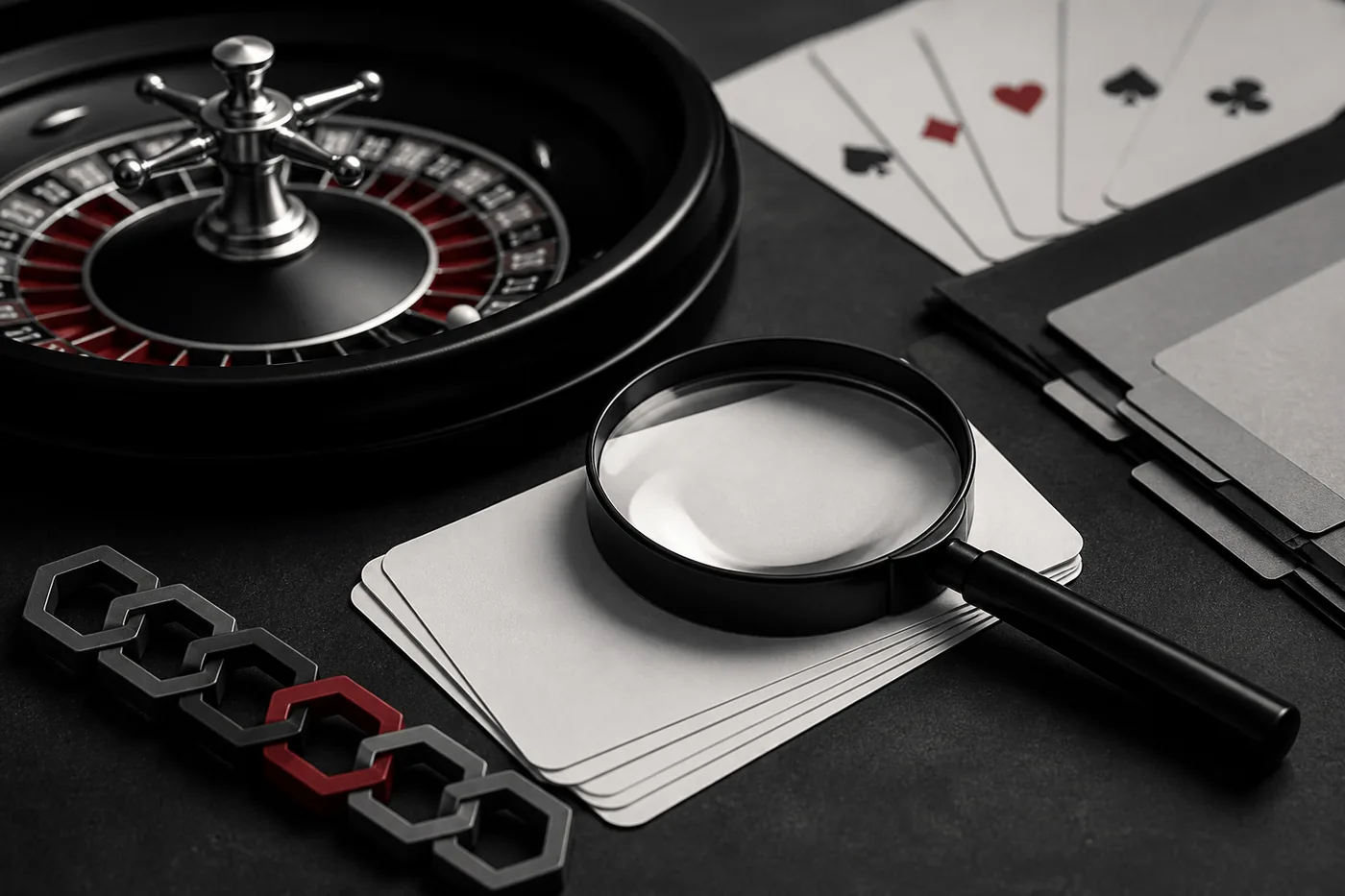 Mesa editorial com elementos de cassino e materiais de verificação.